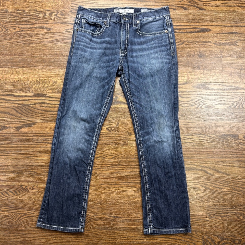 BKE Jake Jeans Mens 34S Blue Medium Wash Straight Leg Contrast Stitching Western